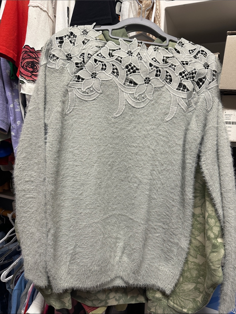 Vici Light Gray Lace Yoke Crew Neck Sweater - Picture 6 of 8